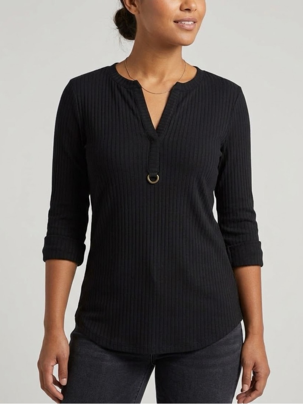 Michael Kors Black Ribbed Henley with D-Ring Detail
